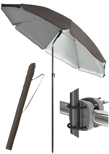 4smile Sonnenschirm Balkon SunnyJoy im 3er-Set - UPF 50+ Balkon Schirm 180 cm + Sonnenschirmhalter Balkongeländer SunnyEasy + Sonnenschirmhülle - Sonnenschutz Balkon, Sonnenschirm Strand, Taupe