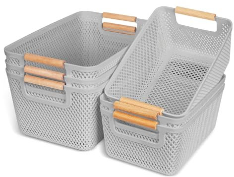 OSTWOLKE 6 Stück Aufbewahrungsbox Kunststoff Grau, Aufbewahrungsboxen ohne Deckel, Atmungsaktiv Aufbewahrungskorb mit Griffen aus Massivholz, Boxen Aufbewahrung Plastikbox für Badezimmer Küche