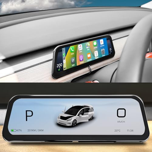 Affichage HUD Tesla pour Model Y (2019-2024) & Model 3 (2017-2023) – 9,66 sans Fil CarPlay/Android Auto, Alerte d'angle Mort, Écran Anti-Reflets