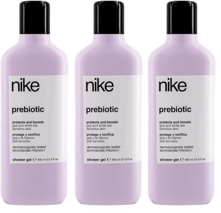 NIKE - Gel de Baño Prebiótico 3x650 ml, Pack 3, Gel Ducha, Protege y Tonifica, con Goji y Té Blanco, Equilibrio Natural de la Piel, Fórmula Respetuosa con el Microbioma Cutáneo, Cuidado de la Piel
