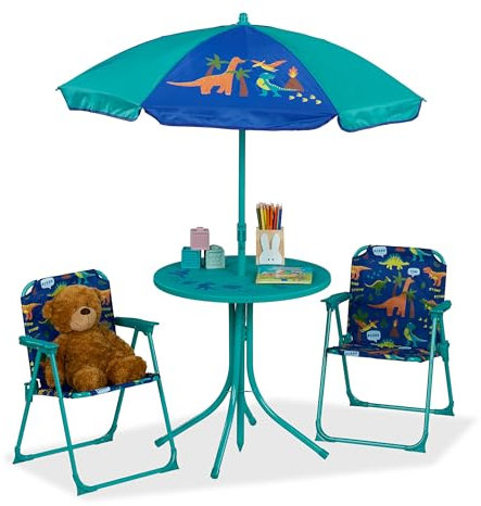 Relaxdays Camping Kindersitzgruppe, Dino Motiv, Kindersitzgarnitur mit Sonnenschirm, Klappstühlen, Tisch, Garten, türkis