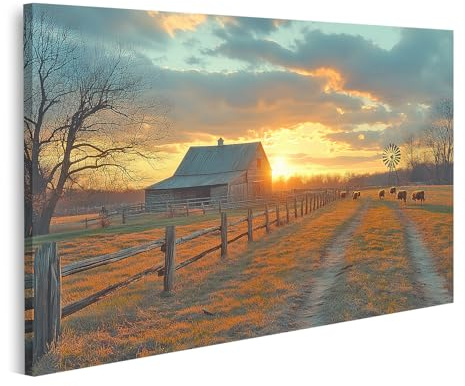 islandburner Bild auf Leinwand Bauernhof bei Sonnenuntergang mit Kühen und Windmühle im Herbst Bilder Wandbilder Poster