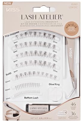 KISS Lash Atelier Natural Eyelash Extension Kit - Prepositioned False Eyelashes - 46 Clusters & 36 Individual Lashes - Lasts up to 7 Days