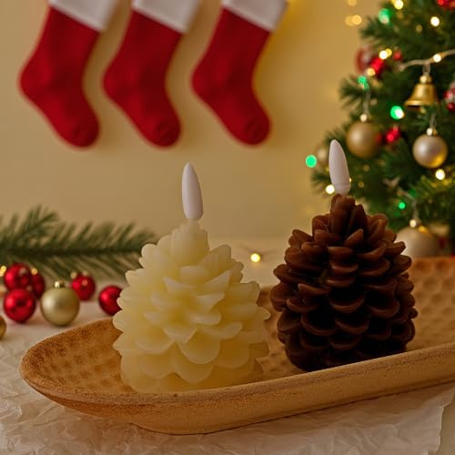 FIENZA 2 Stück Flammenlose Tannenzapfen Kerzen,LED Tannenzapfen Kerzen Flackernde Flamme,Weihnachten Tannenzapfen Kerze Flammenlos Batteriebetrieben (Braun+Beige)