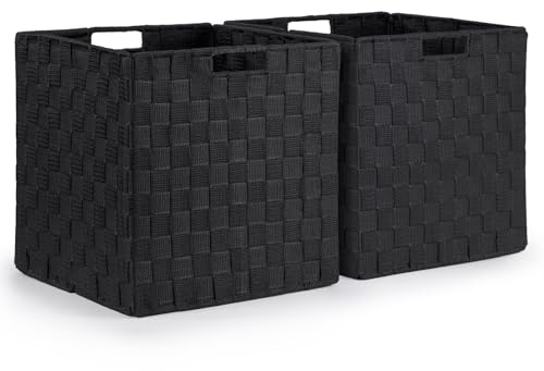 EHC Set of 2 Large Foldable Woven Storage Baskets for Shelves, Collapsible Hamper Basket, Black