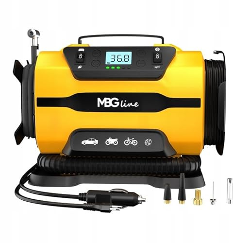 MBG line® Compressore portatile dual-power 12V/230V | Gonfiatore pneumatici auto digitale auto-Stop | Mini compressore con luce LED e borsa per casa/esterno, incl. Presta