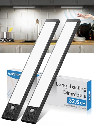 HIBOITEC Luz Con Sensor de Movimiento-32,5CM 70LED Luces Led Cocina, 2500mAh Led Cocina Bajo Mueble, Regulable Tira Magnética Luz LED Adhesiva, Luce para Armario, Escalera, Pasillo (Luces Blancas)