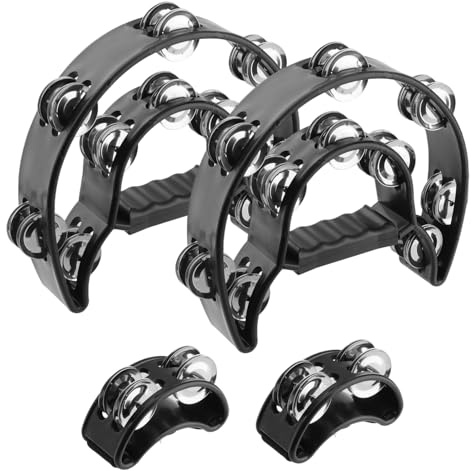 SEUICYNE 4 Stück Schellenkranz, Schellenring, Hand Tambourine Foot mit Zweireihig StahlJingles, Musikinstrumenten Set, Fuß Shaker, Schellenring für Party, KTV