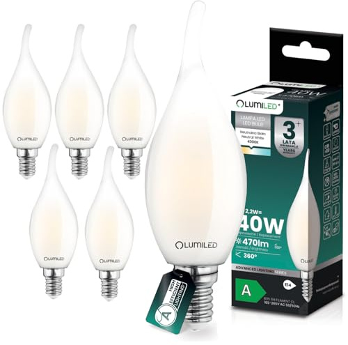 Lumiled LED Kerzenlampe BA35 E14 Flammspitze Ultraeffizient Energieklasse A 2.2W 470lm Ersatz 40W 4000K Neutralweiß Filament Milchglas 360° Abstrahlwinkel Nicht Dimmbar 6er Set