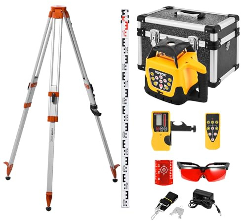 VEVOR Kit Livella Laser Rotante Raggio Rosso, Kit di Livella Laser Rotante con Treppiede, Portata max. 300 m, Pendenza Regolabile, Angolo Scansione Flessibile, Telecomando Custodia per Trasporto