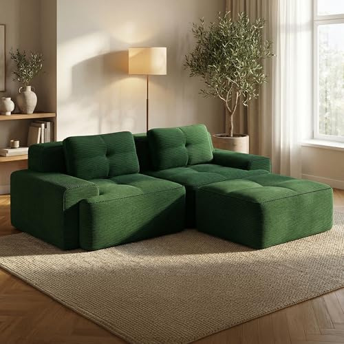 GRAVFORCE Ecksofa Schlafsofa, 204 cm breit modulares Sofa mit breiter & tiefer Sitzfläche, Cordstoff Velours, Ohne Montage für Schlafzimmer & Wohnzimmer (Grün, 2-Sitzer mit 1 Ottomane)
