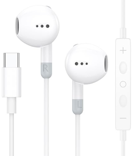 USB C Headphones for iPhone 17 Air 16 15 Pro Max, Type C Wired Earphones with Mic & Volume Control, HiFi Stereo Noise Cancelling USBC Earbuds for iPad Pro, Samsung Galaxy S23 S22 S21 FE, Google Pixel