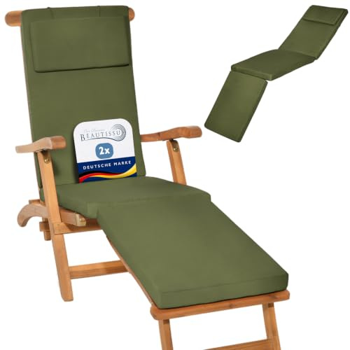 Beautissu 2er Set Luxus Deckchair Auflage Sonnenliege Bezug Gartenliege | 175x45x5cm Olivgrün Polsterauflage für Liegestuhl Polster Liegenauflage Gartenmöbel Kissen Abnehmbar LoftLux DC