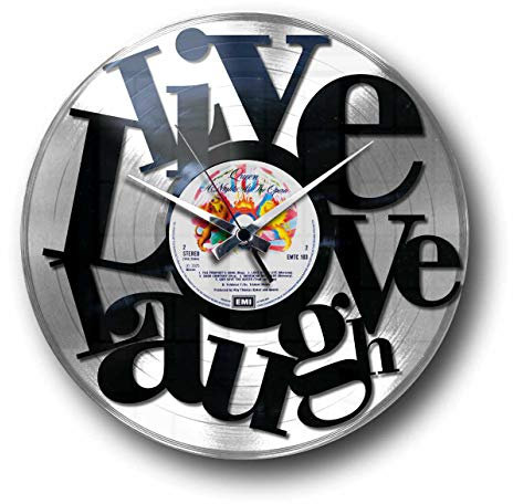 DISC'O'Clock Shallplattenuhr Live Love Laugh Silber - Lautlos Wanduhr, einfach aufzuhängen. 100% Made in Italy Handwerkliches Produkt