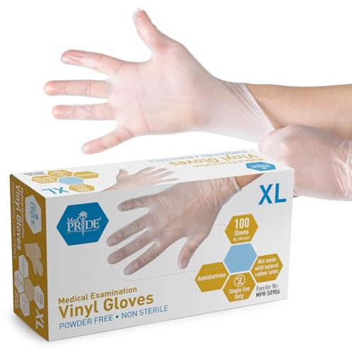 MED PRIDE Medical Vinyl Examination Gloves (X-Large, 100 Counts), Latex & Rubber Free, Ultra Strong Clear Powder-free Disposable Gloves for Healthcare and Food Processing