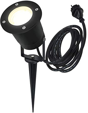 LED Erdspießleuchte schwarz Außenstrahler inkl. Montagebügel und Erdspieß schwenkbar Gartenstrahler Gartenspot inkl. 2,5m Kabel anschlussfertig mit Schutzkontakt-Stecker IP68 GU10 230V (warmweiß)