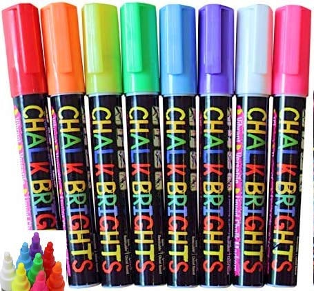 FANTASTIC CHALK PENS & MARKERS - 8 Pack BEST for Kids Art Menu Board Bistro Boards Non Porous Chalkboard Blackboard Whiteboard - Glass & Window Pens & Erasable Paint Marker Bright Neon Coloured White