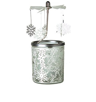 Kerzenfarm, „Schneeflocke“ Dreh-Karussell für Teelichter, Metall und Glas, 16,5 cm hoch, silberfarben