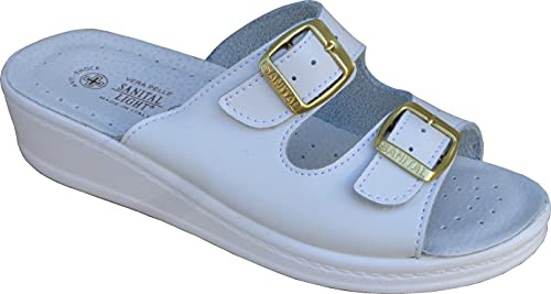Sanital Light - Mule Femme en Cuir Véritable | Anatomique et Confortable | Semelle Antidérapante | Convient pour Environnements Professionnels | Talon 4 cm | Fabriqué en Italie, Bleu, Cuir