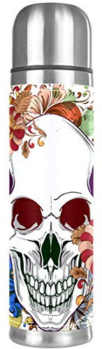 Bouteille d'eau en acier inoxydable avec motif tête de mort et papillon - Bouteille isotherme pour boissons chaudes et froides - 500 ml - Pour bureau, école, voyage