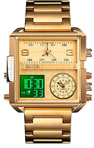 SKMEI Herren Digital Sportuhr LED Quadratisch Großes Zifferblatt Analog Quarz Armbanduhr mit Multi-Time Zone Wasserdicht Stoppuhr Business 1.78*1.61*0.55 inch Gold-hell