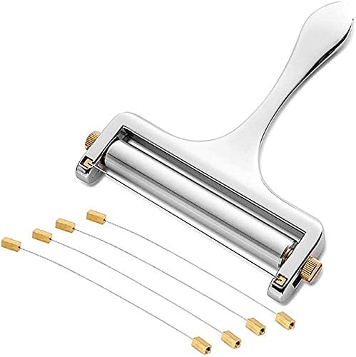 NANEEZOO Cheese Slicer, Adjustable Thickness Heavy Duty Stainless Steel Cheese Slicers With Wire for Soft & Semi-Hard Cheeses - 4 Replacement Stainless Steel Cutting Wire Included (Silver)