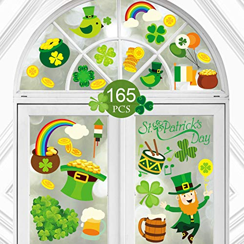 Kalolary 165 Stück St. Patrick's Day Aufkleber, Irish Party Shamrock Fenster Aufkleber Clings Dekorationen Statische Fensteraufkleber Abziehbilder mit Shamrock Green Hat Schuhe Goldmünzen (8 Blatt)