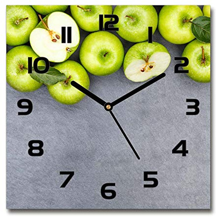Tulup Glasuhr - 30x30cm - Schwarze Zeigern - Wanduhr Wandkunst Bild Gehärtetem Glas Uhr Echtglas Küche Wohnzimmer - Grüne Äpfel