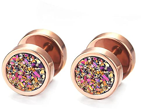 Herren Damen Edelstahl Rotgold Kreis Ohrringe Ohrstecker mit Regenbogen Funkeln, Fake Plugs Ohr Cheater Tunnel Gauges