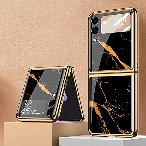 COQUE Galaxy Z Flip 3 5G Hülle,ultradünnes 9H Glas glänzend lackierte Handyhülle,Faltbare Handyhülle für Samsung Galaxy Z Flip 3 5G-Marmorierung-Gold Line Schwarz