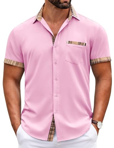 COOFANDY Chemise décontractée à manches courtes en coton pour homme avec col à carreaux, rose pastel, Taille XL