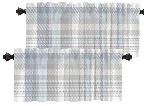 Batmerry Tartan Plaids Valance Curtains, Traditional Blue Beige Check Country Cute Window Treatment Kitchen Valances Multilayer Polyester Blackout for Living Room/Bathroom, 2 Pack 52x18 inches