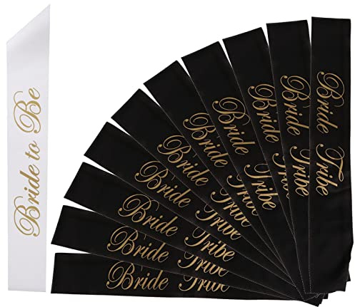 Alledomain 11Pcs Bride to Be Sashes Set - 1 White Bride to Be Sash & 10 Black Bride Tribe Sashes Bachelorette Party Supplies with Gold Font Sash Bridesmaid Sashes for Hen Party Wedding Decorations