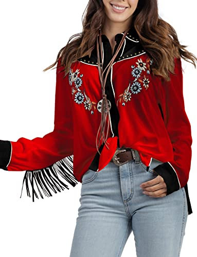 JOHN MOON Women's Embroidered Western Long Sleeve Buttons Down Shirts Collared Retro Casual Blouses Shirts, Red, M