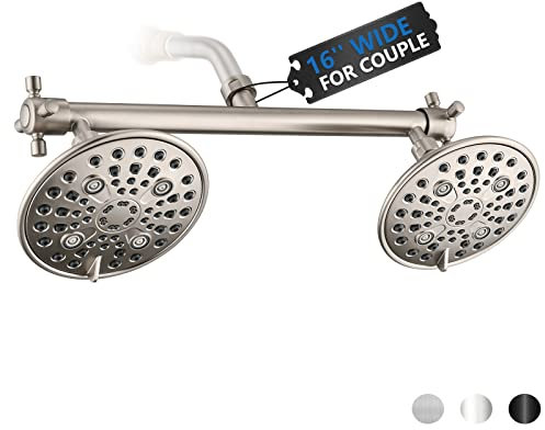 Proox Double Shower Head with Built-in Valve, High Pressure 6 Setting Dual Shower Head Design for Couple on Walk-in Bathroom or Single on Bathtub Bathroom - Brushed Nickel