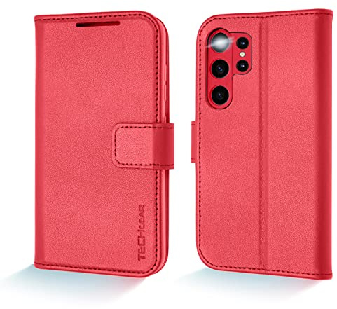 TECHGEAR Galaxy S23 Ultra Leather Wallet Case, Genuine Leather Magnetic Flip [RFID Blocking] Case with Shockproof TPU, Card Slots, Stand Folio Cover Compatible with Samsung S23 Ultra 5G, Red