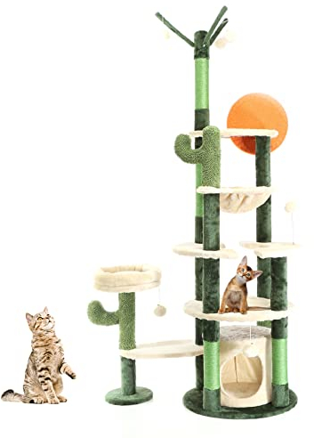 Fudajo Kratzbaum im Kaktusdesign Grün/Beige 172 cm, Katzenkratzbaum mit Katzenhaus und Liegemulde, Katzenbaum mit Sisal, Katzenmöbel mit Spielbälle