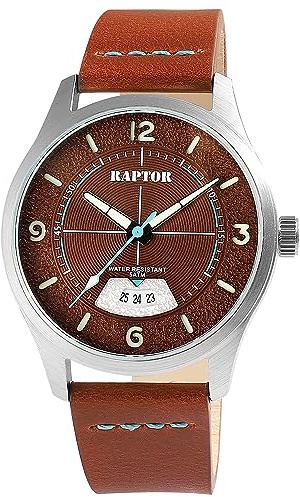 Raptor Falkor Herren-Uhr Leder Armband Datum Dornschließe 5 Bar Analog Quarz RA20376 (braun)