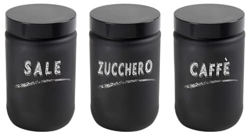 MECSAL CASALINGHI Set 3 Barattoli Contenitori, Tris Sale Zucchero Caffè, in Vetro Nero Satinato, Cucina Stile Shabby