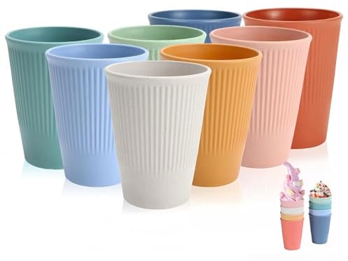 WANBY Kunststoff Trinkbecher 325ml 8 Stück Farben Tumbler Trinkgläser Geschirrspüler Sichere Gläser Satz Wasserbecher für Wasser Saft Cocktail Tragbar Camping (Mehrfarbig)