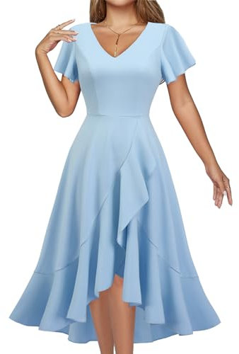 DRESSTELLS Blue Cocktail Dress for Women Formal Evening Wrap Wedding Guest Bridesmaid Vintage Dresses V Neck Fit and Flare Prom Dress Blue XL