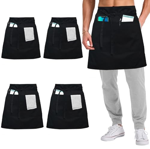 umboom 4 Stück Vorbinder Schürze, Schwarz Küchenschürze mit 3 Taschen, Kurz Koch Schürzen, Kellnerschürze Grillschürze Baristaschürze Taillenschürze für Herren Damen (Schwarz - Polyester)