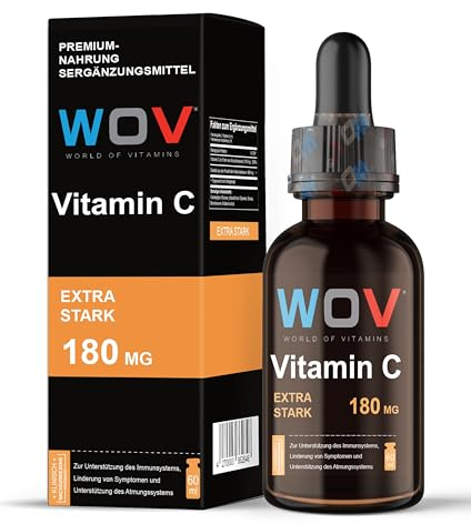 WOV Vitamin C Tropfen 180 mg mit Calcium, 60 ml (2000 Tropfen) - Hochdosiert, Vegan - Zur Stärkung des Immunsystem, für Knochen & Haut - laborgeprüft in Deutschland produziert
