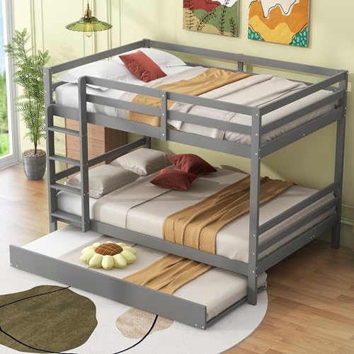 Dolamaní Hochbett 140x200, Kinderbett mit Ausziehbett, Etagenbett für 3 Kinder, Dreierbetten Etagenbetten, Hohe Geländer, Stabile Treppe, Grau (Grau, 140x200cm)