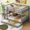 Dolamaní Hochbett 140x200, Kinderbett mit Ausziehbett, Etagenbett für 3 Kinder, Dreierbetten Etagenbetten, Hohe Geländer, Stabile Treppe, Grau (Grau, 140x200cm)