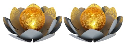 2er Set Deko Solarleuchten Seerose mit Crackle Glaskugel, Grau Ø25cm