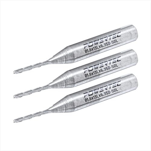 POWERTEC 73037-P3 Up Cut Spiral 1/16 Router Bit, 1/4 Shank Tungsten Carbide Router Bit with 1/2 Inch Cutting Length & 2 Long. Fits CNC Router, Handheld Router, Router Table & Plunge Router, 3 PK