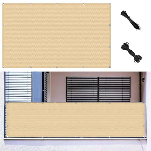 Balkonverkleidung 35 x 420 cm Leicht Wind- Und Uv-Schutz Reißfest, 90% Beschattungsgrad mit Kabelbinder Windschutz Folie Sichtschutz Zaun, für Balkon Garten, Sandgelb