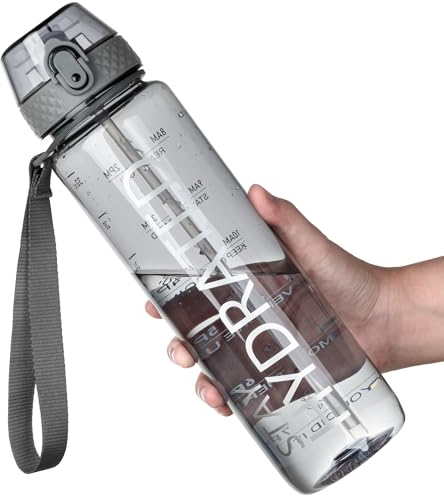 OLDLEY 1L Sports Water Bottle with Straw, Tritan 1 Litre Motivational Drink Bottle, BPA Free Leakproof Transparent Water Bottle with Time Marker for Cycling, School, Gym, Outdoor (Grey)