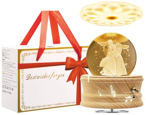 MJKOPEE Spieluhr Kristallkugel mit Licht, 3D Spieluhren 360°Drehbar Holzsockel,Musical Box für Kinder/Erwachsene/Mama/Muttertags/Geburtstag/Weihnachten Gedenkgeschenke (Engelsmutter und Tochter)